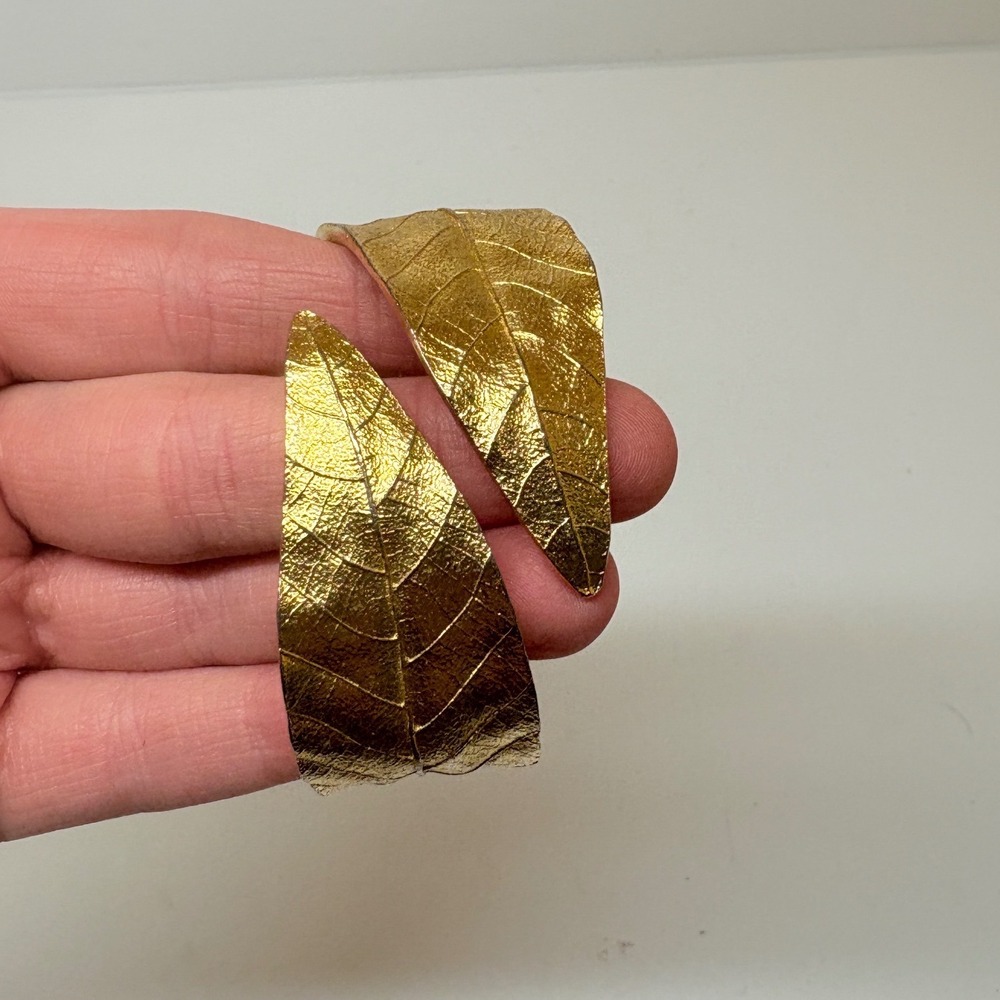 Gold Tone Textured Leaf Bypass Hinged Cuff Bracelet Botanical Statement